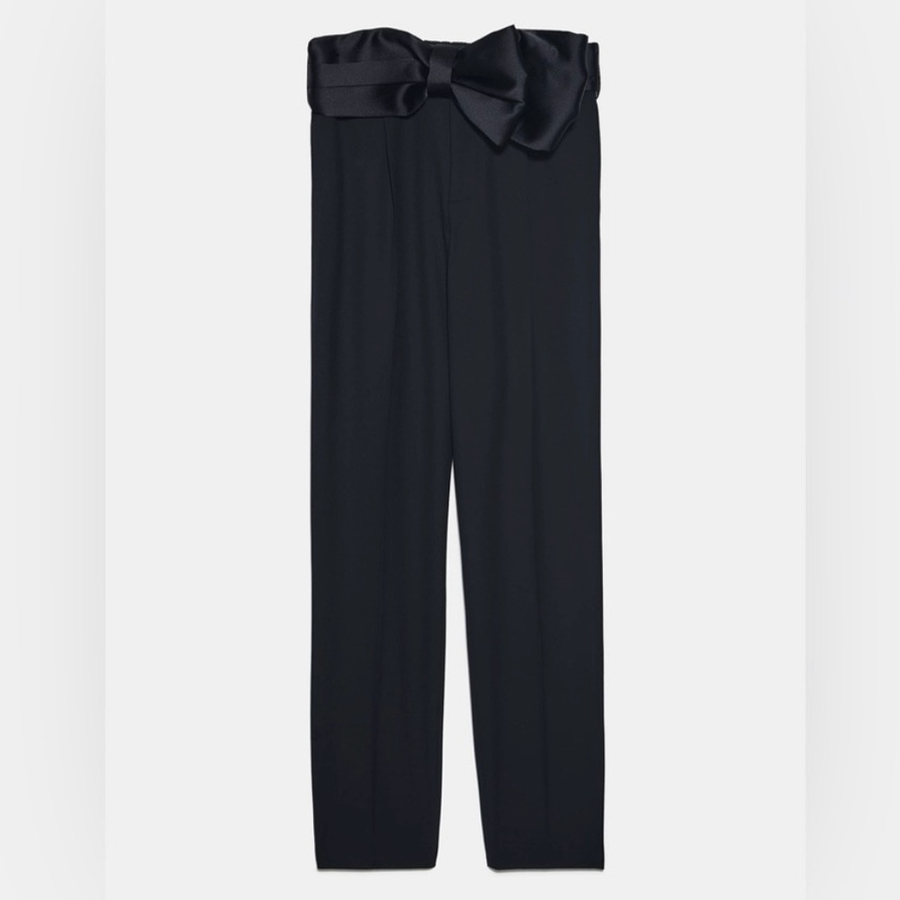 Zara Satin Bow Sash Belt Trousers Dress Pants Cocktail Black Size XL